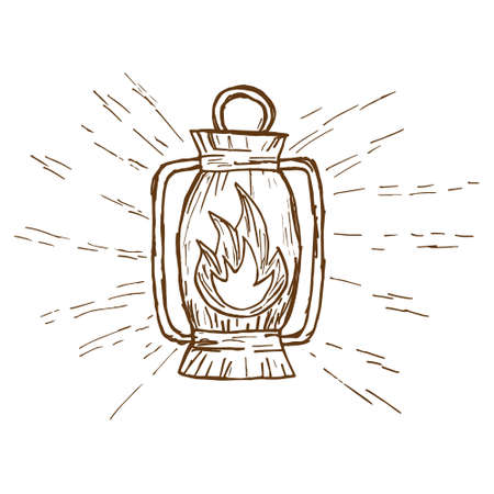 Vector line drawing of an outdoor gasoline lamp. Rough vintage monochrome brown freehand illustration isolated on transparent backgroundのイラスト素材