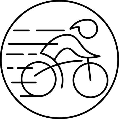 Fast riding cyclist isolated on transparent background. Vector round black and white icon with thin lines. Line thickness editableのイラスト素材