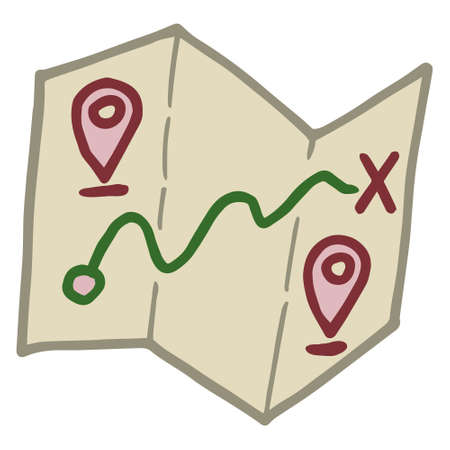 Cartoon doodle of a road paper map of a treasure hunt. Simple vector color flat icon isolated on transparent backgroundのイラスト素材