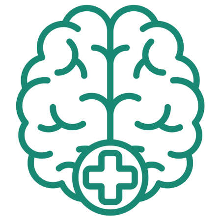 Human brain with plus sign. The concept of increasing and improving cognitive abilities. Turquoise vector linear icon, isolated on transparent backgroundのイラスト素材
