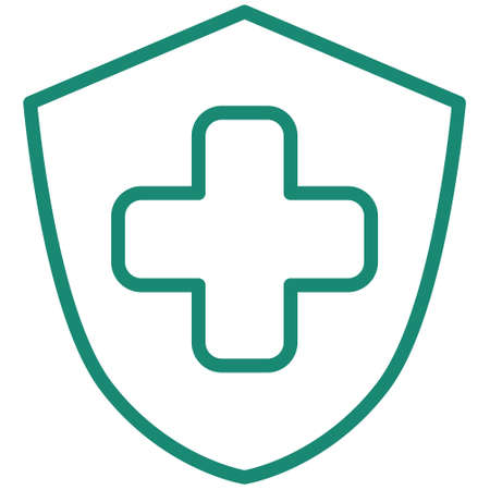 Simple vector modern linear icon of a cross in shield. Turquoise outline pictogram isolated on transparent backgroundのイラスト素材