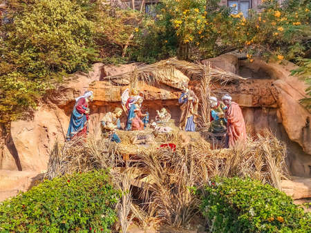Sharm El Sheikh, Egypt - January 18, 2020: Religious nativity scene in the courtyard of the El sama Eyeen Coptic Church in Sharm El Sheikh. Sculptures of biblical characters outdoorsのeditorial素材