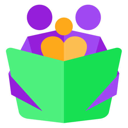 Friendly happy family reads a book. Abstract vector color icon of dad, mom and baby spending leisure time together isolated on transparent backgroundのイラスト素材