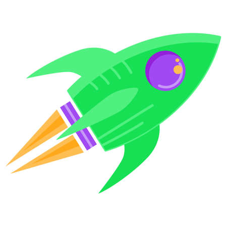 Cartoon vector color flying rocket icon. Startup concept. Simple green pictogram of the spaceship isolated on transparent backgroundのイラスト素材