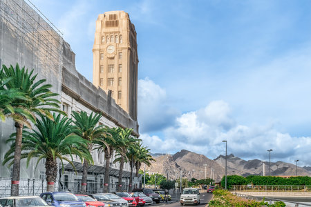 Santa Cruz de Tenerife, Spain - November 24, 2021: View from Avenida Maritima to Insular Palace of Tenerife and the mountains in Santa Cruz de Tenerife. Cabildo Insular building under reconstructionのeditorial素材