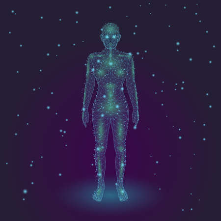 Person in the cyberspace. Low poly female full body among the stars. Digital hologram of a woman. Concept of mental growth, future, web 3.0 etc.のイラスト素材