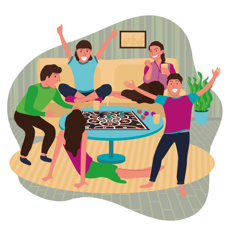 Group of friends playing board games and having fun. Vector illustration of young adult men and women inside the roomのイラスト素材