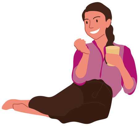 Adult girl sitting with a glass of drink in her hand. Vector clipart of a young smiling woman dressed in a blouse and trousers, isolated on a transparent backgroundのイラスト素材