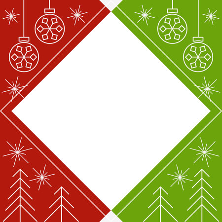 Green-red New Year and Christmas square template with transparent copy space for text or photo. Festive vector frame with Christmas balls and snowflakesのイラスト素材