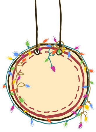 Outline vector freehand drawing of a round signboard with a festive garland around. Simple cartoon clipart isolated on transparent backgroundのイラスト素材