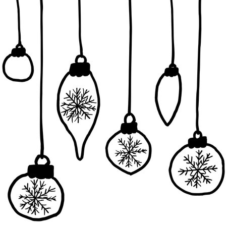 Rough hand-drawn childlike doodle of row of christmas toys with snowflakes. Simple vector black and white outline illustration isolated on transparent backgroundのイラスト素材