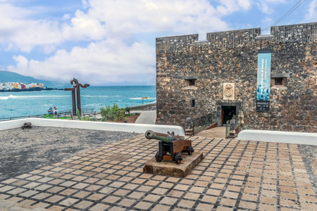 Puerto de la Cruz, Spain - November 25, 2021: Embankment of the Atlantic Ocean with Castillo de San Felipe Fortress and an old cannon in Puerto de la Cruz. Beautiful landscape of a resort in Canariesのeditorial素材