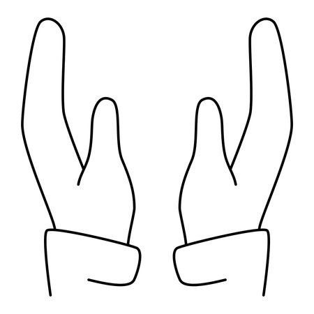 Black outline simple icon of two hands holding something empty. Contour vector symbol isolated on transparent background. Thin lines. Line thickness editableのイラスト素材