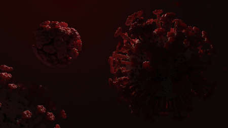 Covid-19 coronavirus 3d rendering dark red tone microscope backgroundの写真素材