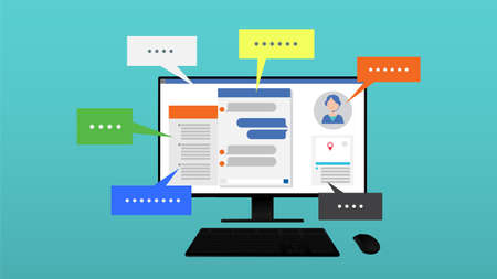 Live chat on website decktop computer illustration background