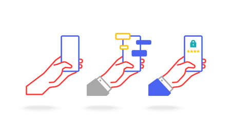 Hand holding smartphone messaging and security sign in icon on screen vector backgroundのイラスト素材