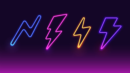 Neon fluorescent lightning bolt electric power icon sign