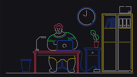 Man is using laptop in a room colorful line vector illustration dark backgroundのイラスト素材