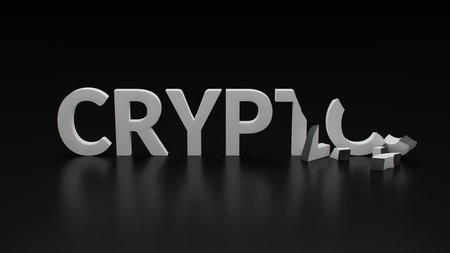 3D illustration of shattered crypto text