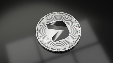 Original 3D concept visualization of DeSo crypto coin on elegant black surfaceの写真素材