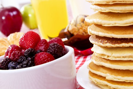 Stock image of pancake breakfast, focus on foreground
