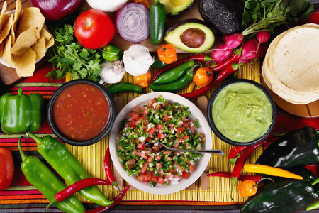 Stock image of traditional mexican food salsas and ingredientsの写真素材