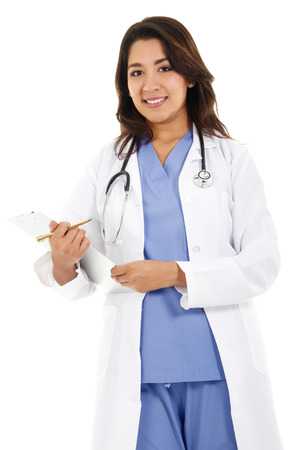 Stock image of female doctor, wearing lab coat, isolated on whiteの写真素材
