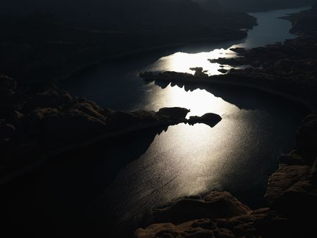 Aerial view of Lake Powell and Glen Canyon at sunset.の写真素材