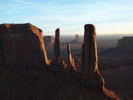 Three sisters rock formation in Monument Valley.の写真素材