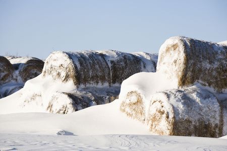 Snow covered pile of hay bales.の写真素材