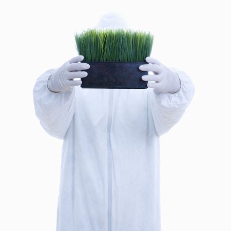 Man in biohazard suit holding pot of grass in front of face standing against white background.の写真素材