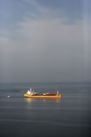 Aerial view of oil tanker on Atlantic Ocean.