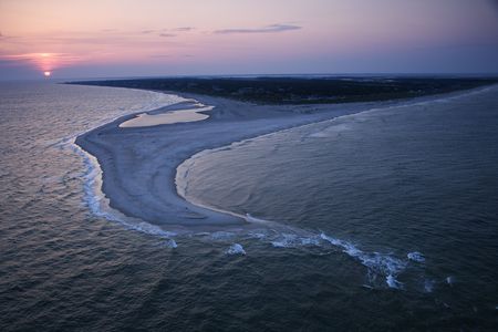 Aerial of east coast island beach of Bald Head Island, North Carolina.の写真素材