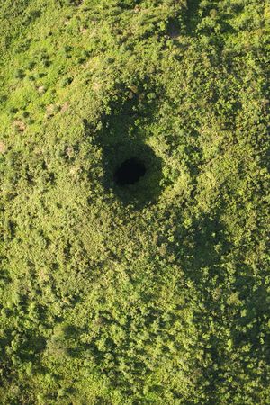 Aerial view of collapsed lava tube surrounded by green trees in Maui, Hawaii.の写真素材