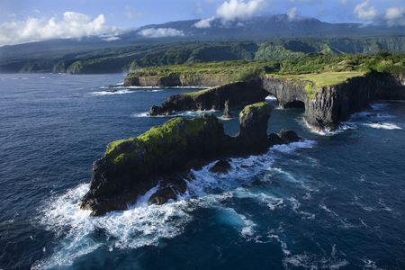 Aerial of rocky coast on Pacific ocean in Maui, Hawaii.の写真素材