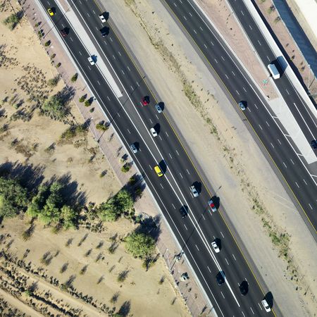 Aerial of Arizona highway with automobiles.の写真素材