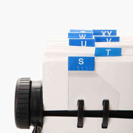 Detail of rolodex with blue tabs.の写真素材