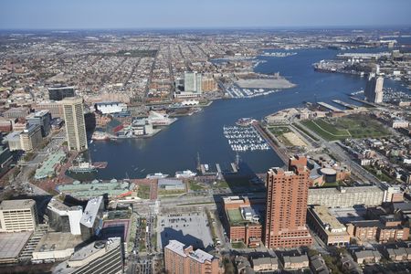 Aerial view of the Inner Harbor in Baltimore, Maryland.の写真素材