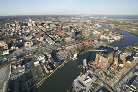 Aerial view of Baltimore, Maryland with river and drawbridges.の写真素材