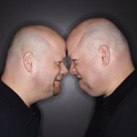 Caucasian bald mid adult identical twin men standing face to face with angry expression.の写真素材