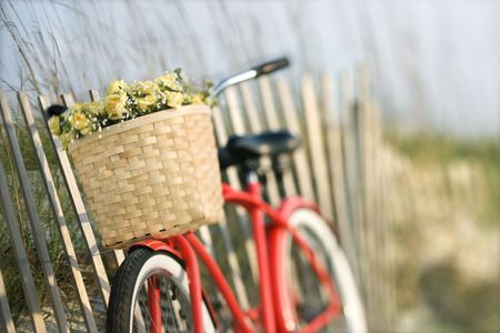 Red vintage bicycle with basket and flowers leaning against wooden fence at beach.の写真素材