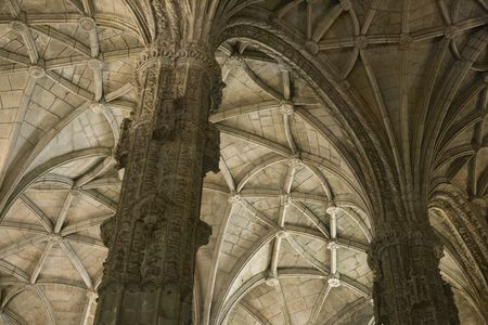 Rib-vaulted ceiling and columns in Jeronimos Monastery in Lisbon, Portugal.のeditorial素材