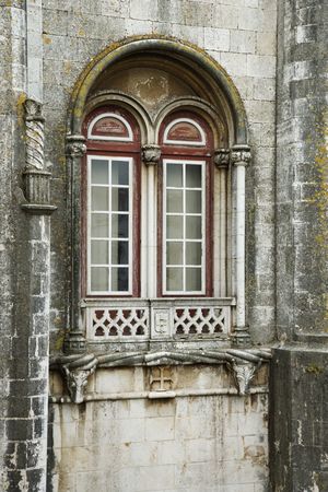 Exterior view of building windows in Lisbon, Portugal.の写真素材