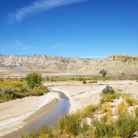 Small stream running through desert land with rocky cliffs in background in Cottonwood Canyon, Utah.の写真素材