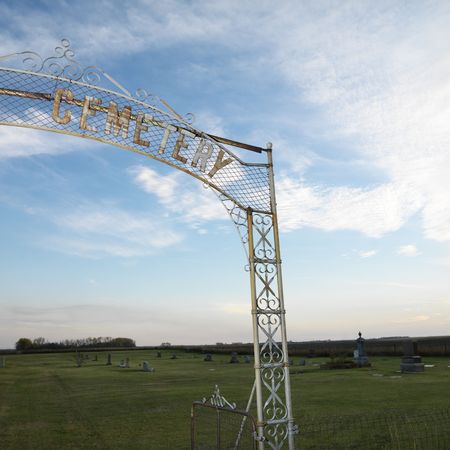 Metal cemetary entryway with graves in background.の写真素材