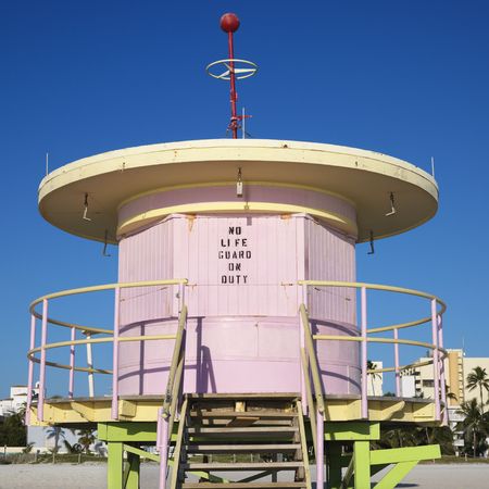 Pink art deco lifeguard tower closed up on beach in Miami, Florida, USA.の写真素材