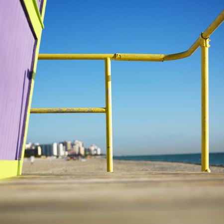 Art deco lifeguard tower deck on beach in Miami, Florida, USA.の写真素材
