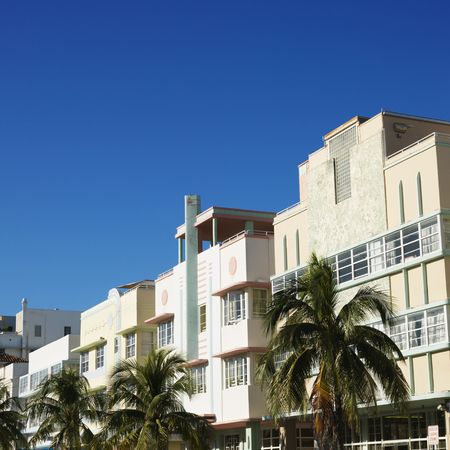 Palm trees and buildings in art deco district of Miami, Florida, USA.の写真素材