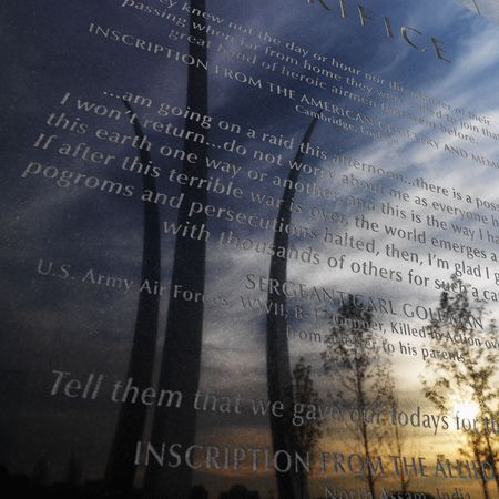Three spires of Air Force Memorial reflected in marble engraved plaque in Arlington, Virginia, USA.の写真素材