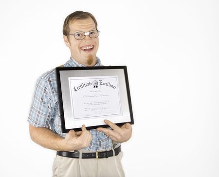 Caucasian young man dressed like nerd holding certificate and smiling.の写真素材